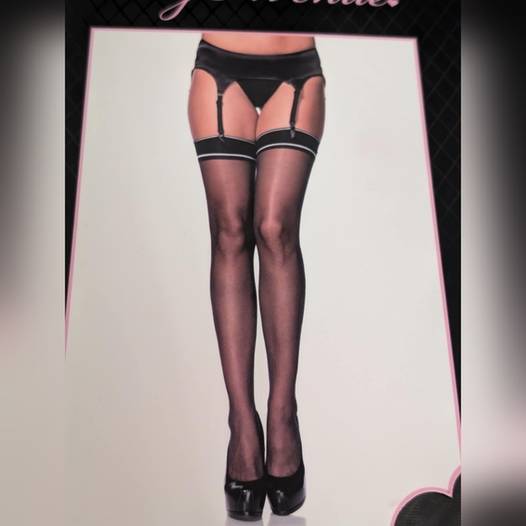 New! Leg Avenue Spandex Sheer Stockings With Striped Band Top - Picture 3 of 5